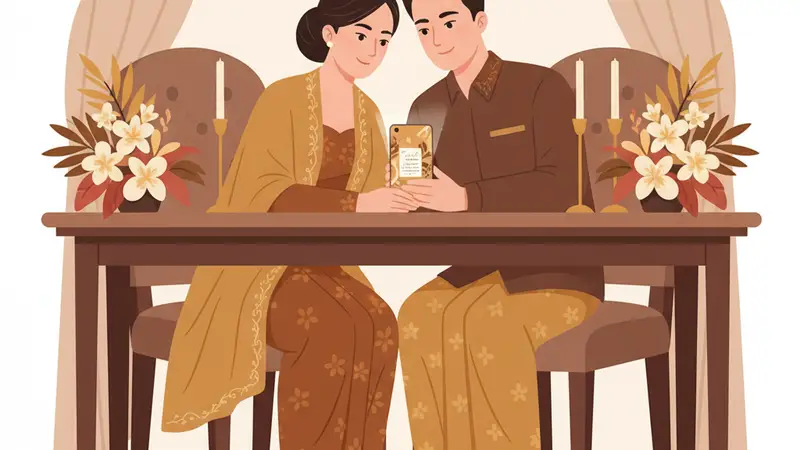Pasangan pengantin melihat tablet menampilkan undangan pernikahan online Sannubari
