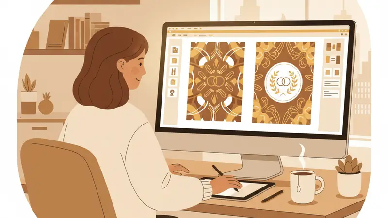 Desainer grafis sedang membuat desain undangan pernikahan online di laptop