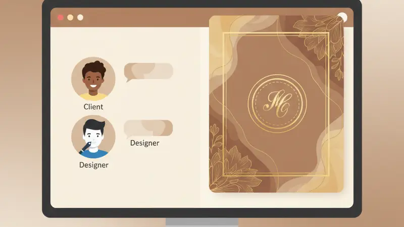 Pasangan pengantin sedang memilih desain undangan pernikahan online di tablet