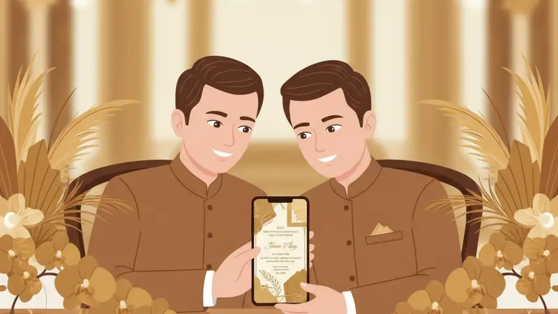 Ilustrasi pasangan membagikan undangan digital lewat smartphone