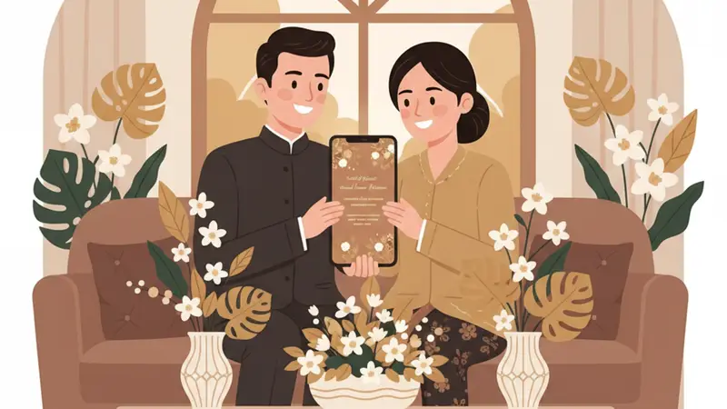 Ilustrasi undangan digital 3D interaktif yang menampilkan elemen-elemen pernikahan seperti cincin, bunga, dan teks undangan yang menonjol