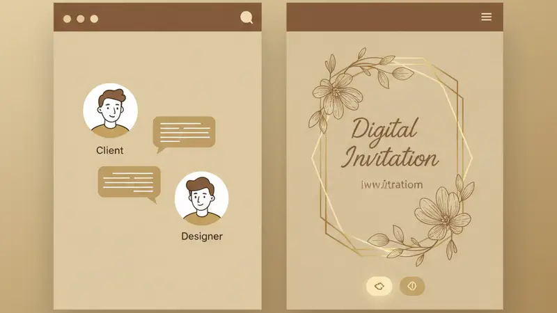 Berbagai aplikasi desain grafis dan platform undangan digital ditampilkan di layar komputer, menunjukkan opsi untuk membuat undangan 3D