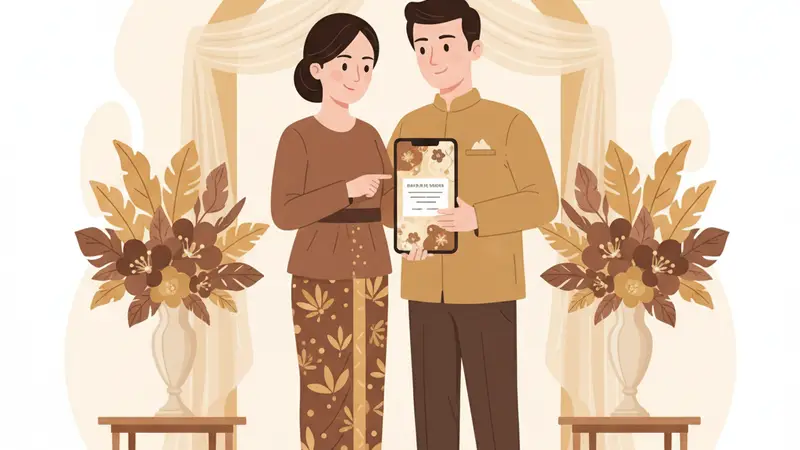 Ilustrasi pasangan sedang membuat undangan digital online gratis di laptop
