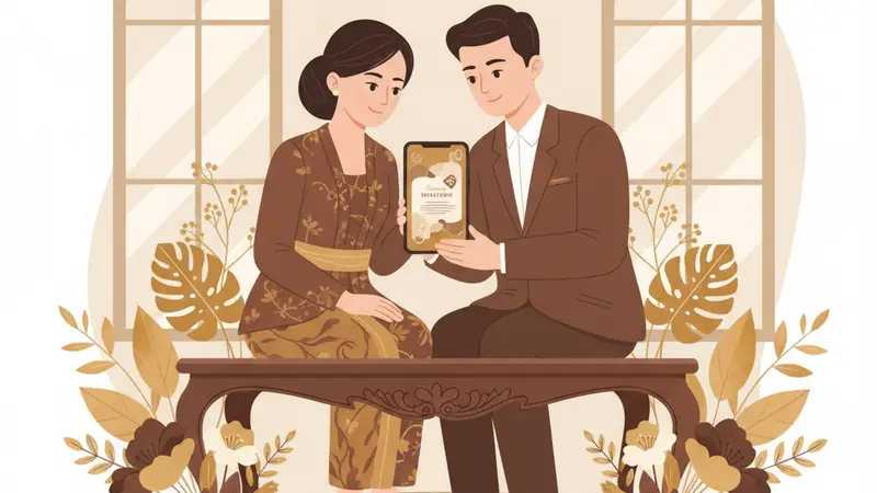 Pasangan pengantin sedang melihat undangan pernikahan digital melalui laptop