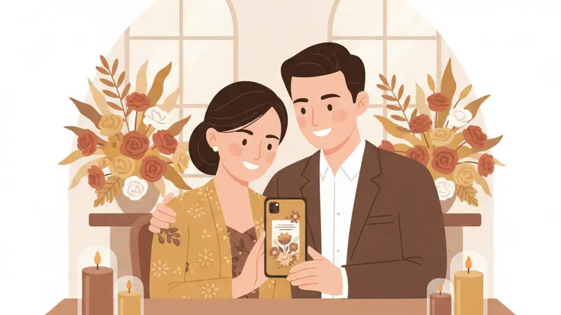 Ilustrasi pasangan sedang membuat undangan pernikahan online gratis di laptop