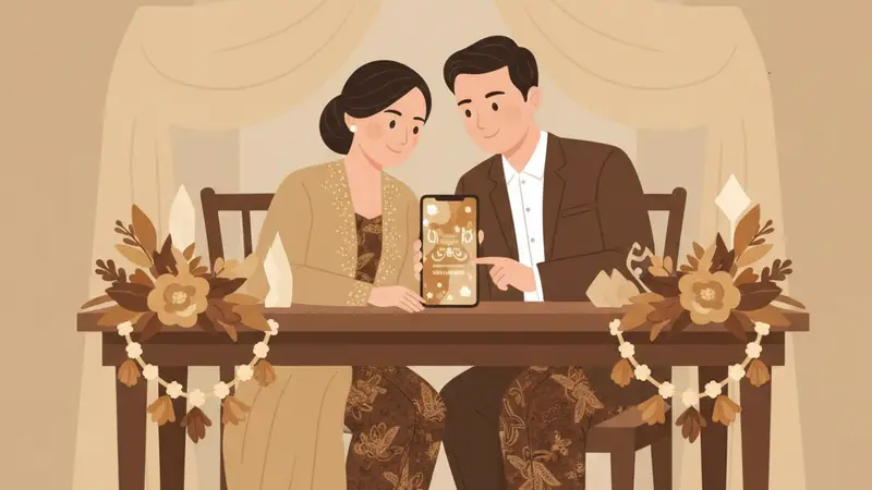 Ilustrasi pasangan sedang merencanakan undangan pernikahan web di laptop