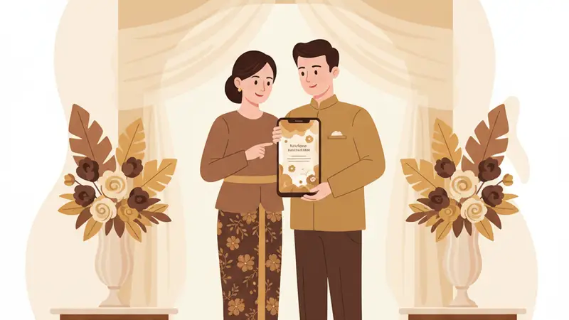 Pasangan pengantin bahagia melihat undangan pernikahan online di tablet
