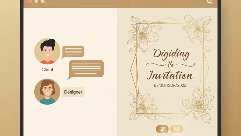 Pasangan pengantin melihat undangan online mereka di ponsel dan laptop