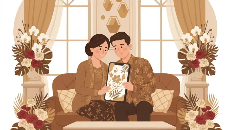 Pasangan berbahagia melihat undangan digital yang indah di tablet