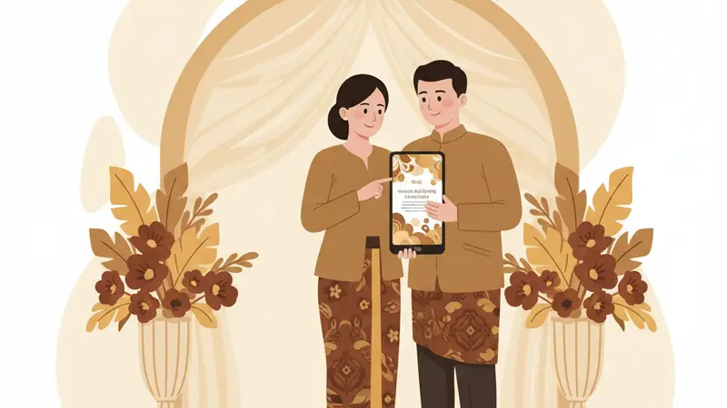 Ilustrasi pasangan sedang melihat undangan pernikahan digital di laptop
