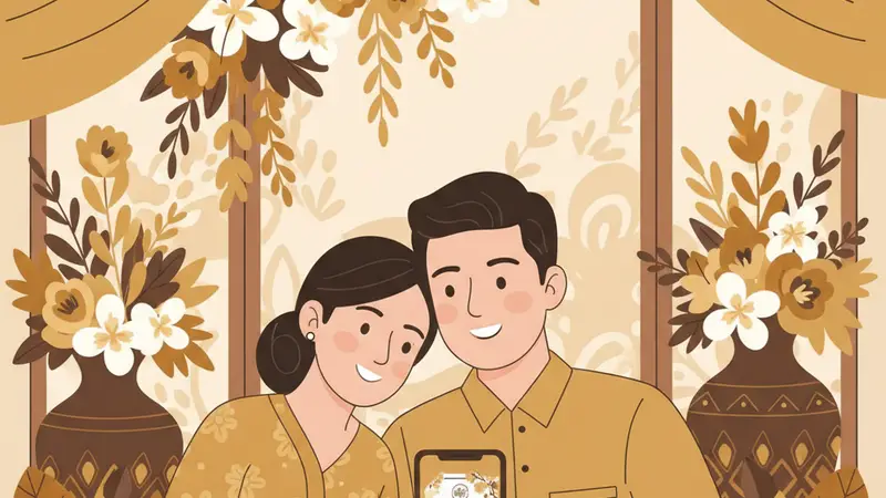 Pasangan pengantin melihat link bikin undangan online di tablet