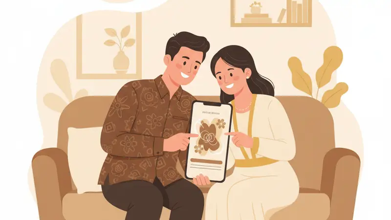 Pengantin baru sedang melihat link bikin undangan online yang sudah jadi