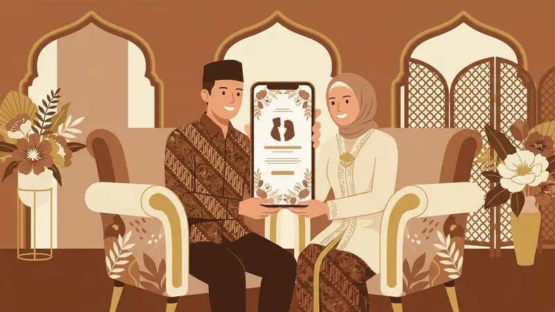 Pasangan pengantin sedang melihat link undangan digital di smartphone