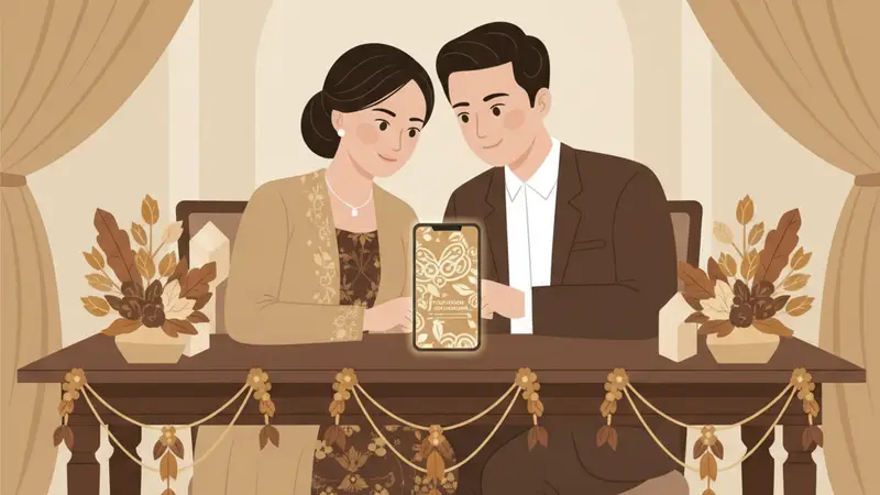 Ilustrasi pasangan sedang melihat link undangan online gratis di laptop