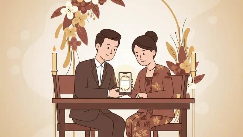 Pasangan sedang membuat web undangan pernikahan di laptop