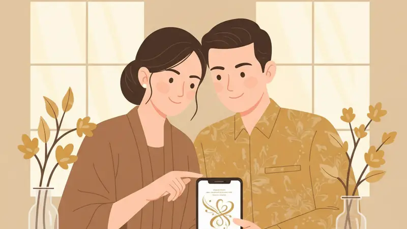 Ilustrasi pasangan melihat paket undangan digital Sannubari