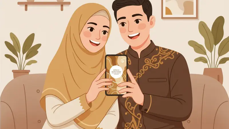 Ilustrasi pasangan memilih paket undangan digital dengan berbagai fitur