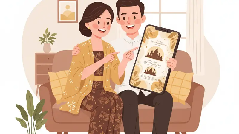 Ilustrasi undangan digital Sannubari dengan fitur-fitur seperti RSVP, peta, dan galeri foto