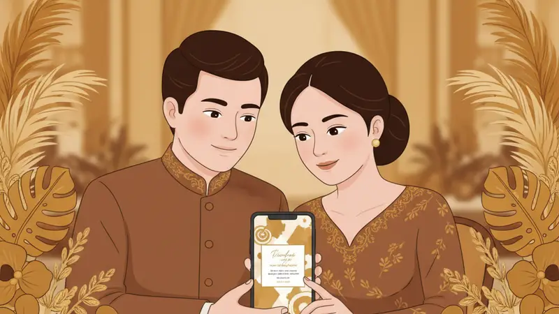Ilustrasi sekelompok orang sedang bukber, meja penuh makanan, dengan undangan bukber online di ponsel