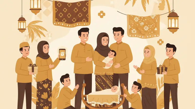 Seorang ibu tersenyum sambil melihat undangan digital di ponselnya