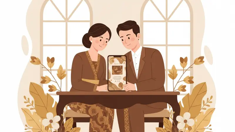 Pasangan berbahagia melihat undangan digital bahasa Inggris di laptop