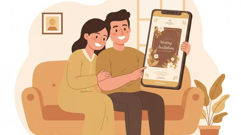Pengantin berbahagia mengirim undangan digital bahasa Inggris melalui smartphone