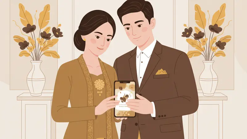 Pasangan pengantin menunjukkan undangan digital di smartphone dengan latar belakang ikon kota Medan