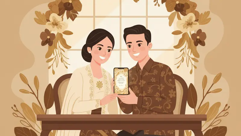 Ilustrasi pasangan sedang melihat undangan digital PDF di tablet