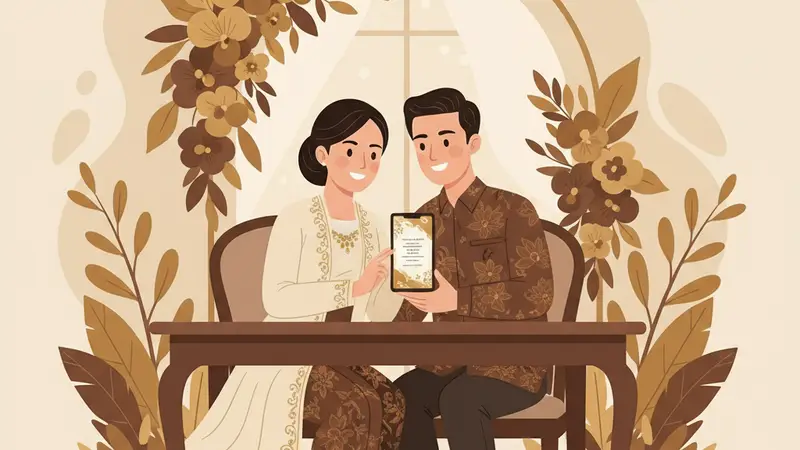 Pasangan berbahagia melihat undangan online murah di tablet