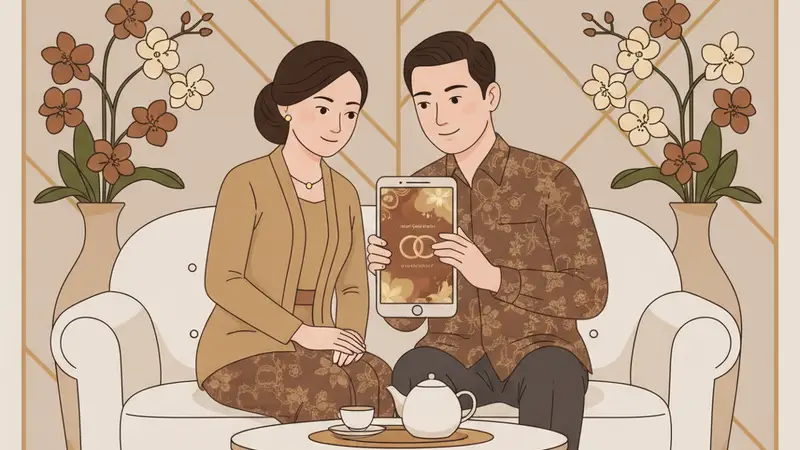 Pasangan pengantin melihat undangan online WA di smartphone