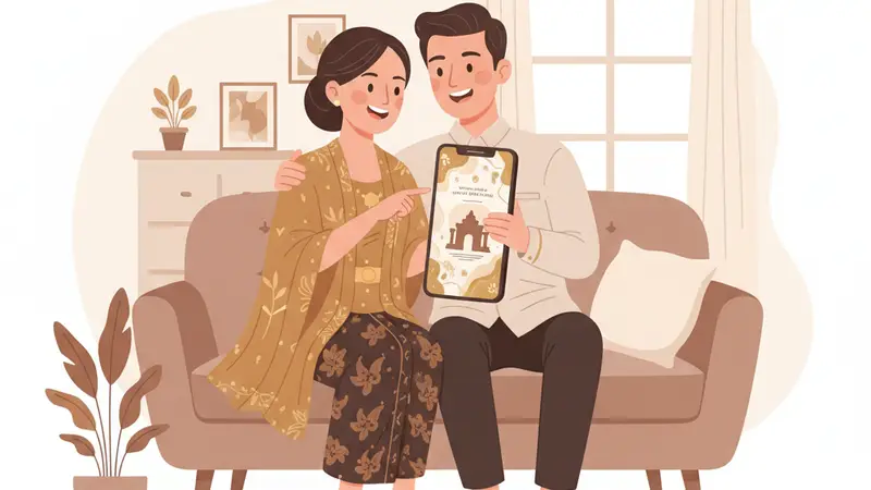 Pengantin wanita melihat desain undangan online WA di laptop