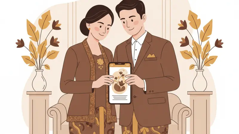 Pasangan pengantin melihat undangan pernikahan web gratis di tablet