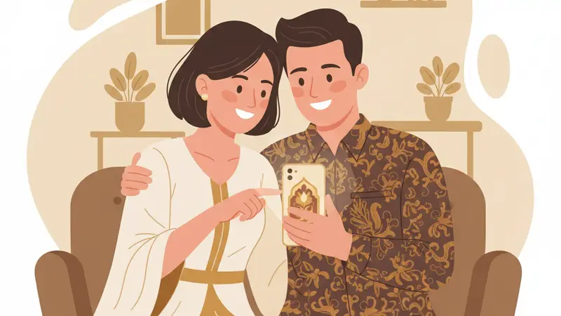 Pasangan pengantin sedang merencanakan pernikahan dengan laptop dan buku catatan