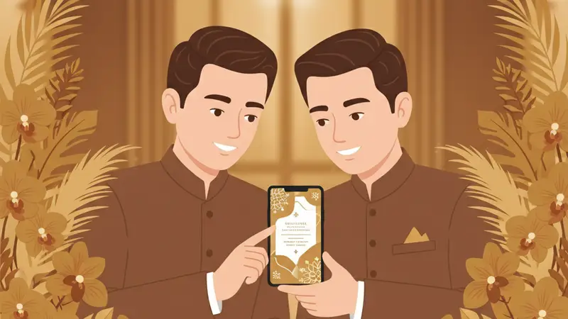 Pasangan sedang melihat undangan web digital gratis di laptop