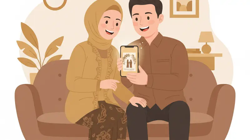 Pengantin melihat undangan digital dengan fitur lengkap di smartphone