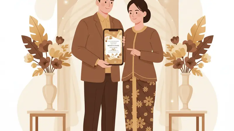 Ilustrasi pasangan sedang melihat web membuat undangan digital di laptop