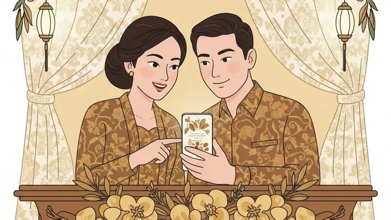 Ilustrasi pasangan sedang melihat web undangan pernikahan gratis di laptop