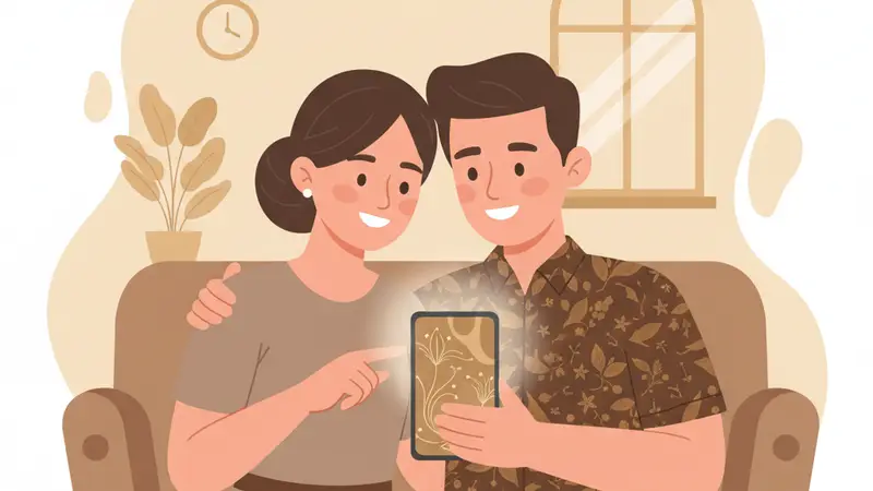 Pasangan sedang berdiskusi tentang pilihan desain undangan pernikahan digital