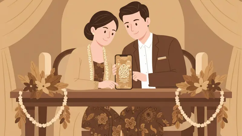 Ilustrasi pasangan sedang melihat web untuk membuat undangan digital