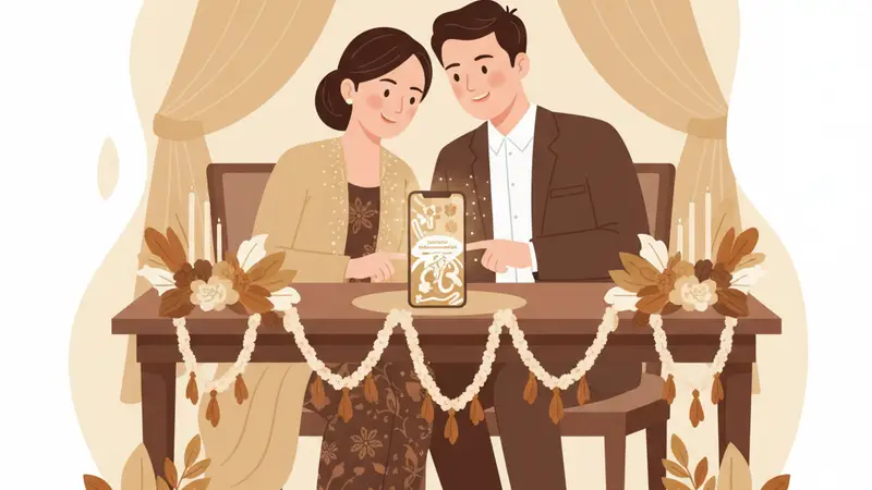 Pasangan melihat website undangan pernikahan online di tablet