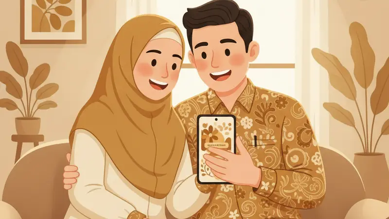 Pasangan muda melihat website undangan pernikahan online di ponsel