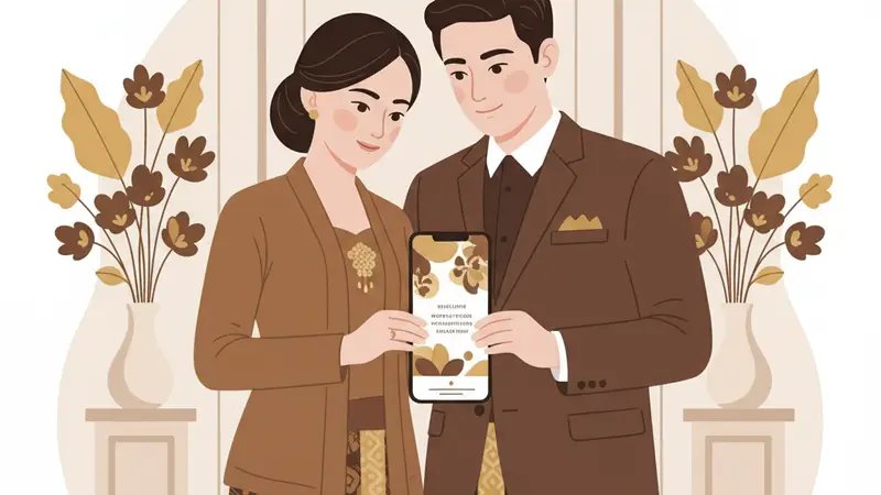 Pasangan pengantin sedang melihat website undangan pernikahan di laptop