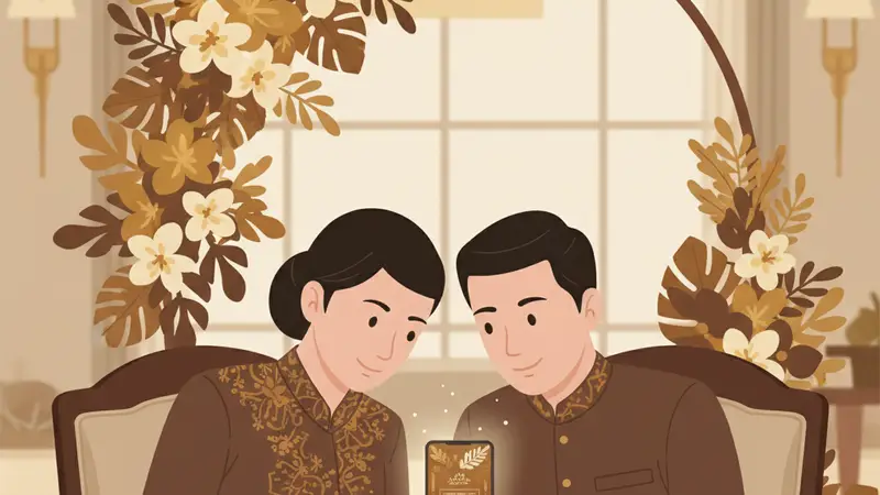 Ilustrasi pasangan sedang mendiskusikan desain undangan pernikahan online gratis di laptop