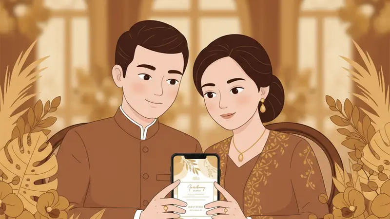 Pasangan sedang melihat contoh cetak undangan pernikahan online di tablet