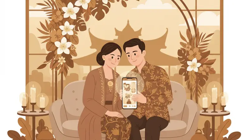 Ilustrasi pasangan sedang melihat undangan digital pernikahan siap edit di laptop