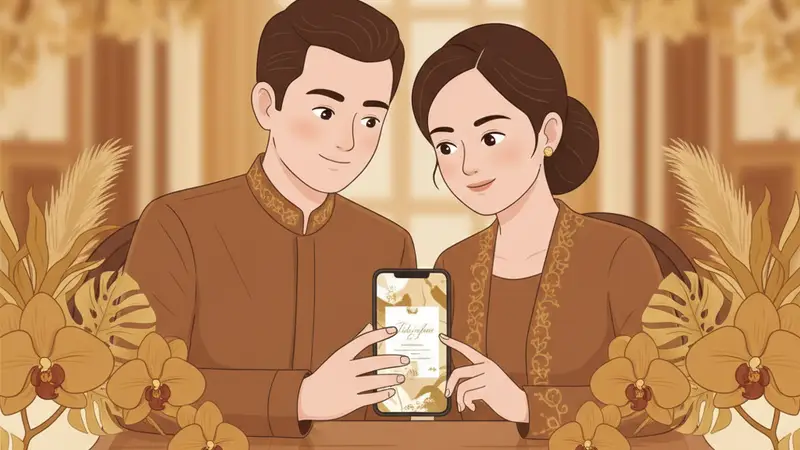 Ilustrasi keluarga Muslim bahagia dengan bayi dan undangan aqiqah digital di tablet