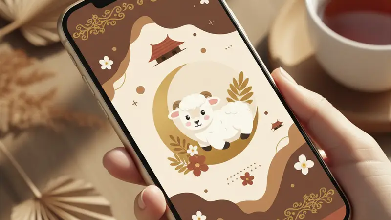 Tangan memegang smartphone menampilkan undangan aqiqah digital yang sedang diedit