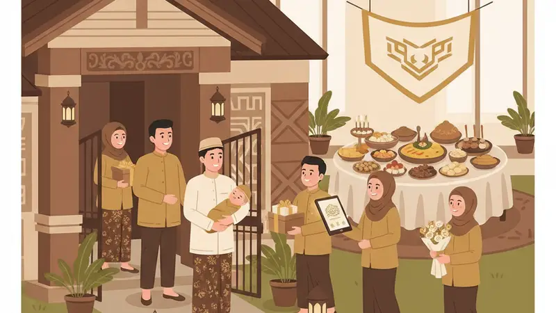 Bayi lucu dengan dekorasi aqiqah, menunjukkan kebahagiaan keluarga