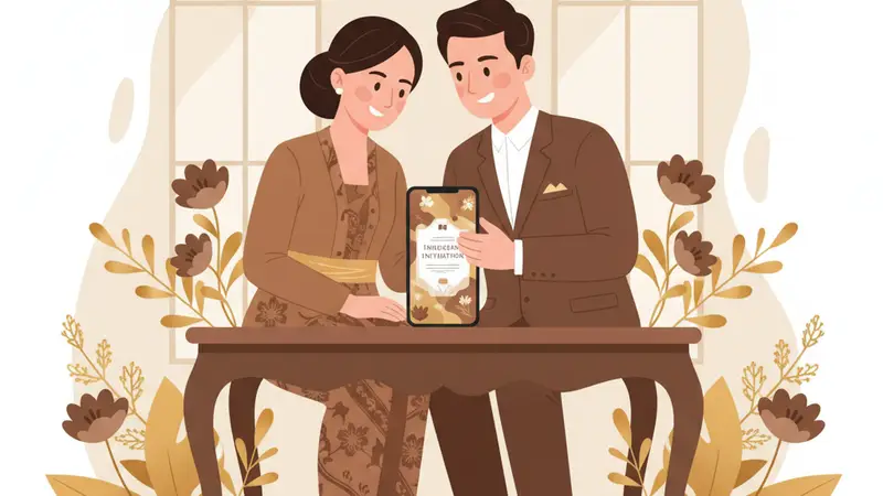 Pasangan sedang mengedit undangan pernikahan digital mereka di laptop