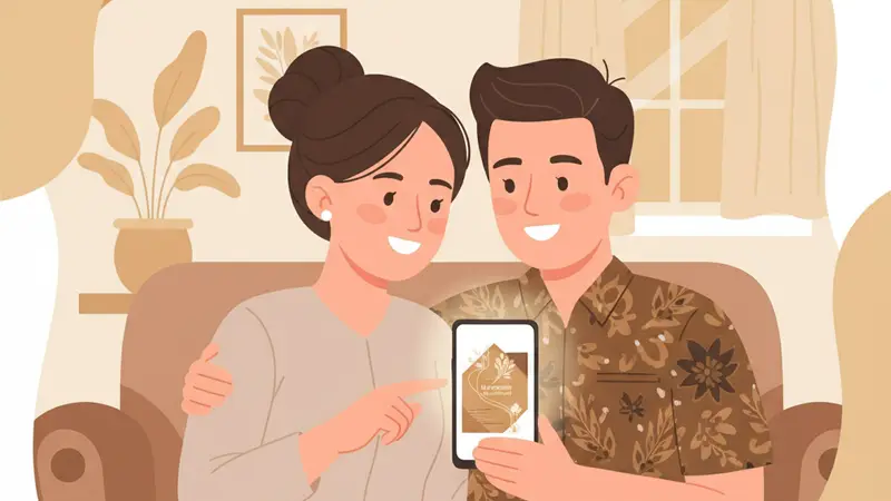 Pasangan sedang berdiskusi sambil melihat pratinjau undangan digital yang sudah diedit
